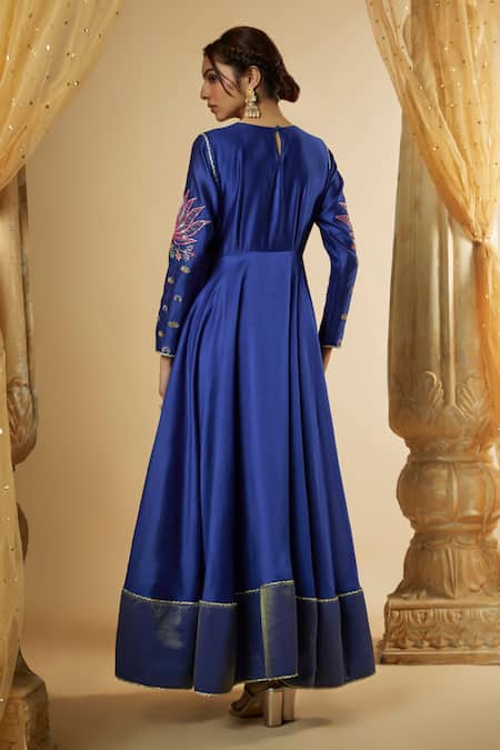 Shop The Aarya Blue Viscose, Chanderi Silk, Organza Lotus Hand Anarkali Palazzo Set at Aza Fashions Shop_The Aarya_Blue Viscose, Chanderi Silk, Organza Lotus Hand Anarkali Palazzo Set _at_Aza_Fashions