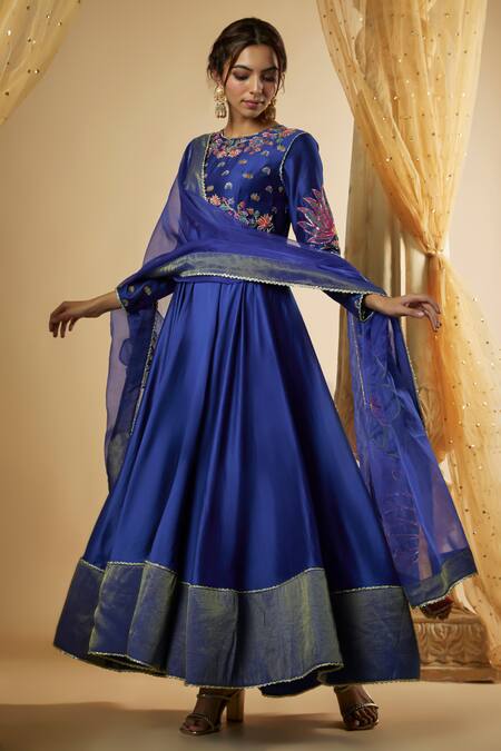 The Aarya Blue Viscose, Chanderi Silk, Organza Lotus Hand Anarkali Palazzo Set Online at Aza Fashions The Aarya_Blue Viscose, Chanderi Silk, Organza Lotus Hand Anarkali Palazzo Set _Online_at_Aza_Fashions