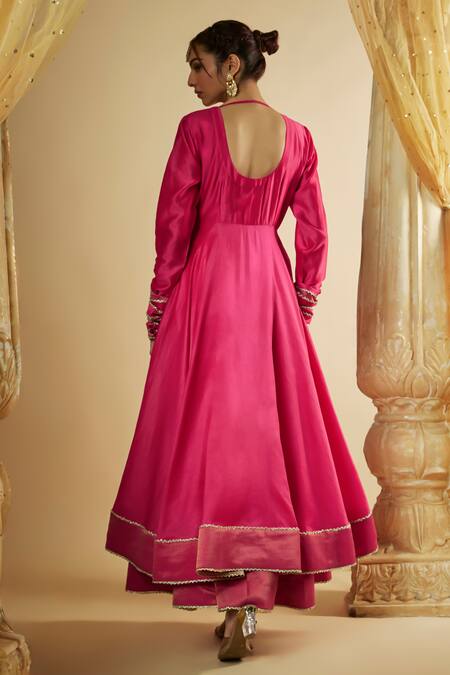 Shop The Aarya Pink Viscose, Chanderi Silk, Organza Embroidery, Zari, Floral Anarkali Set at Aza Fashions Shop_The Aarya_Pink Viscose, Chanderi Silk, Organza Embroidery, Zari, Floral Anarkali Set _at_Aza_Fashions