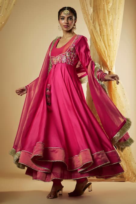 The Aarya Pink Viscose, Chanderi Silk, Organza Embroidery, Zari, Floral Anarkali Set Online at Aza Fashions The Aarya_Pink Viscose, Chanderi Silk, Organza Embroidery, Zari, Floral Anarkali Set _Online_at_Aza_Fashions