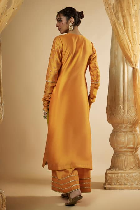 Shop The Aarya Orange Viscose, Silk, Fringe, Floral Hand Kurta Palazzo Set at Aza Fashions Shop_The Aarya_Orange Viscose, Silk, Fringe, Floral Hand Kurta Palazzo Set _at_Aza_Fashions