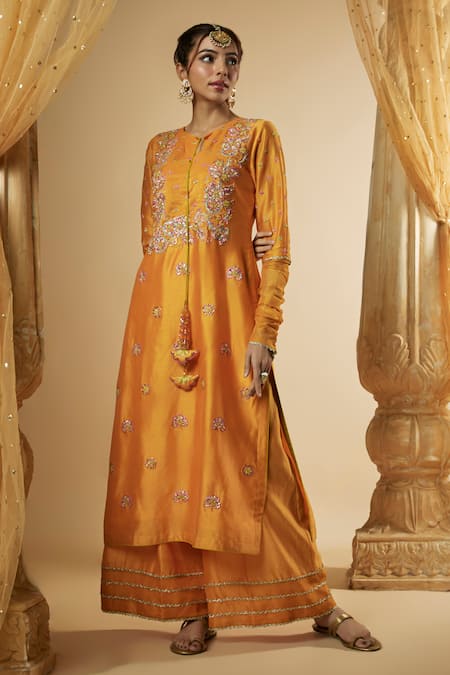 The Aarya Orange Viscose, Silk, Fringe, Floral Hand Kurta Palazzo Set Online at Aza Fashions The Aarya_Orange Viscose, Silk, Fringe, Floral Hand Kurta Palazzo Set _Online_at_Aza_Fashions