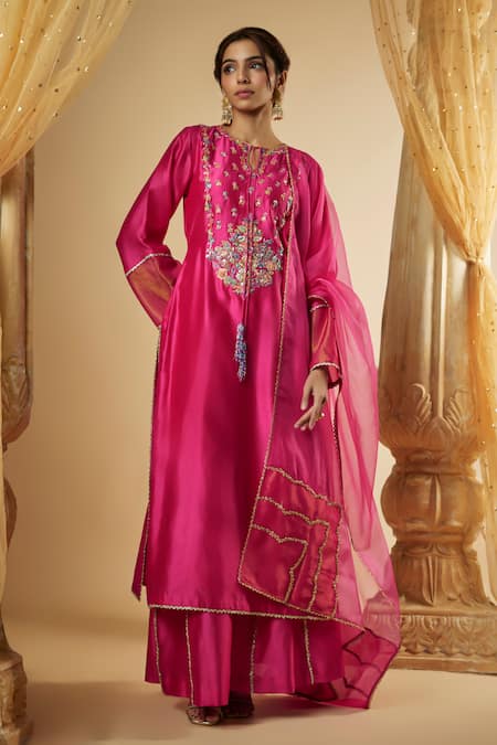 The Aarya Pink Pure Chanderi Silk Embroidered Pitta Floral Hand Kurta Kalidar Palazzo Set