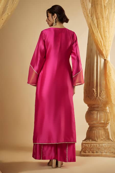 Shop The Aarya Pink Viscose, Chanderi Silk, Organza, Floral Hand Kurta Kalidar Palazzo Set at Aza Fashions Shop_The Aarya_Pink Viscose, Chanderi Silk, Organza, Floral Hand Kurta Kalidar Palazzo Set _at_Aza_Fashions