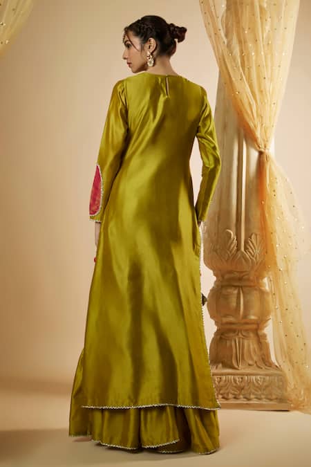 Shop The Aarya Green Viscose, Chanderi Silk, Organza Paisley Embroidered Kurta Sharara Set at Aza Fashions Shop_The Aarya_Green Viscose, Chanderi Silk, Organza Paisley Embroidered Kurta Sharara Set _at_Aza_Fashions