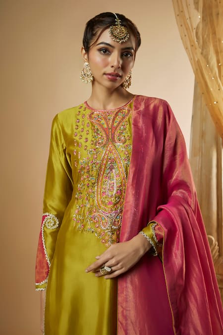 The Aarya Green Viscose, Chanderi Silk, Organza Paisley Embroidered Kurta Sharara Set Online at Aza Fashions The Aarya_Green Viscose, Chanderi Silk, Organza Paisley Embroidered Kurta Sharara Set _Online_at_Aza_Fashions