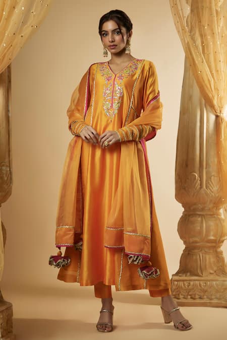 The Aarya_Orange Viscose, Chanderi Silk, Organza Embroidery, Floral Motif Anarkali Set _Online_at_Aza_Fashions