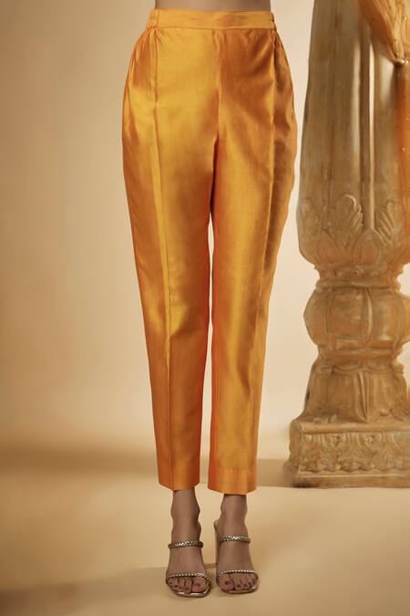 Shop_The Aarya_Orange Viscose, Chanderi Silk, Organza Embroidery, Floral Motif Anarkali Set _Online_at_Aza_Fashions