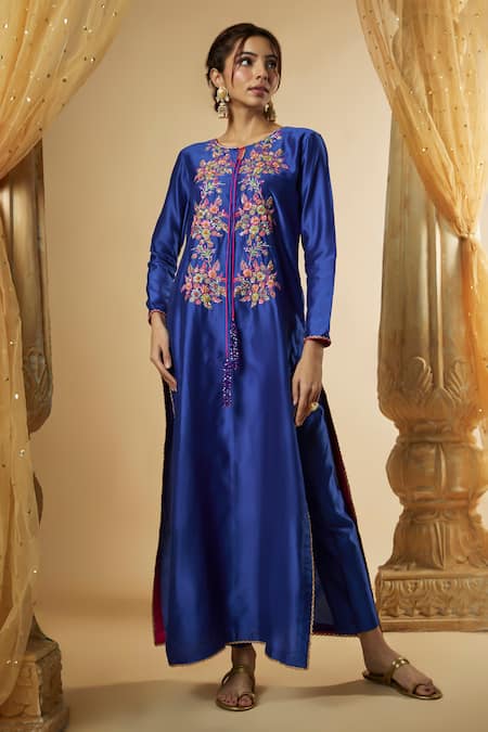 The Aarya Blue Viscose, Chanderi Silk Embroidery, Crystals Flower Hand Kurta Pant Set Online at Aza Fashions The Aarya_Blue Viscose, Chanderi Silk Embroidery, Crystals Flower Hand Kurta Pant Set _Online_at_Aza_Fashions