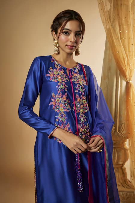 Buy The Aarya Blue Viscose, Chanderi Silk Embroidery, Crystals Flower Hand Kurta Pant Set Online at Aza Fashions Buy_The Aarya_Blue Viscose, Chanderi Silk Embroidery, Crystals Flower Hand Kurta Pant Set _Online_at_Aza_Fashions