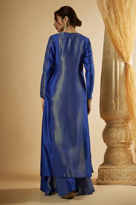 Shop The Aarya Blue Viscose, Chanderi Silk, Organza Floral Butta Hand Kurta Sharara Set at Aza Fashions Shop_The Aarya_Blue Viscose, Chanderi Silk, Organza Floral Butta Hand Kurta Sharara Set _at_Aza_Fashions