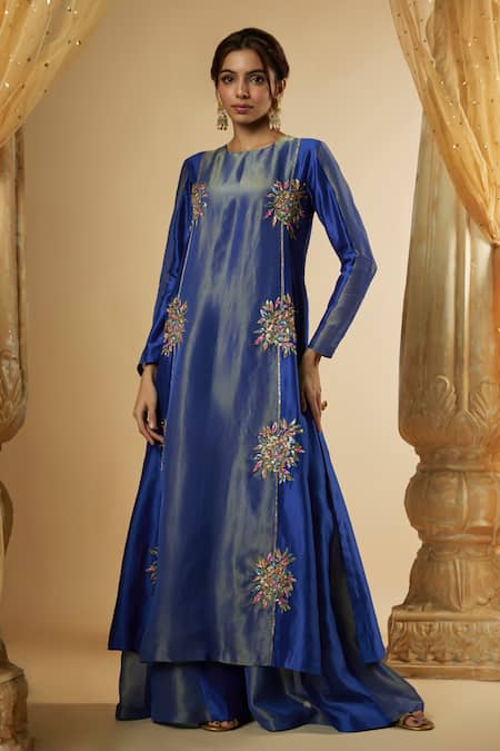 The Aarya Blue Viscose, Chanderi Silk, Organza Floral Butta Hand Kurta Sharara Set Online at Aza Fashions The Aarya_Blue Viscose, Chanderi Silk, Organza Floral Butta Hand Kurta Sharara Set _Online_at_Aza_Fashions