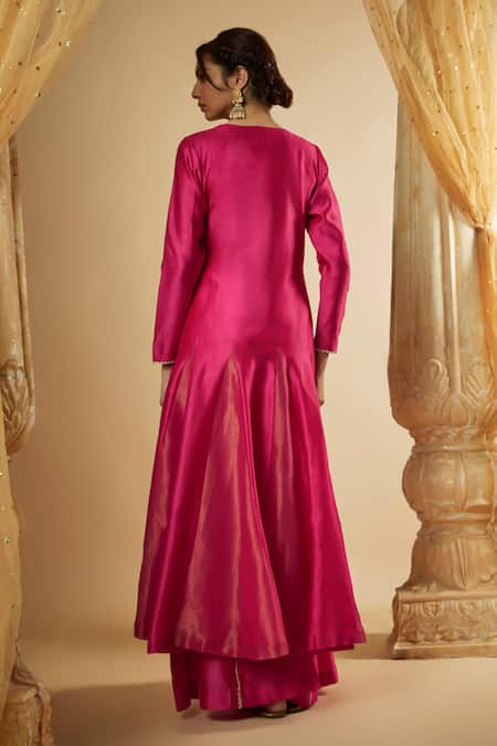 Shop The Aarya Pink Viscose, Chanderi Silk, Organza Floral Hand Embroidered Angarkha Set at Aza Fashions Shop_The Aarya_Pink Viscose, Chanderi Silk, Organza Floral Hand Embroidered Angarkha Set _at_Aza_Fashions
