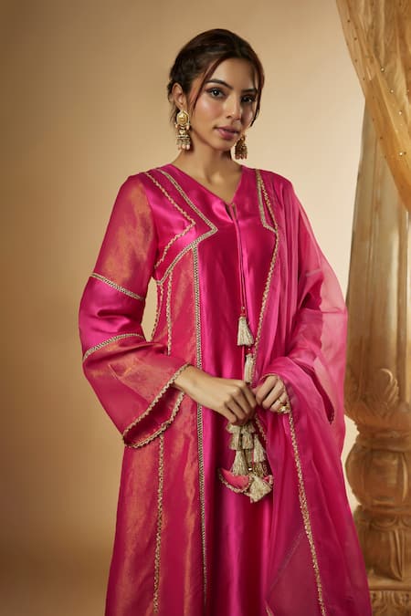 Buy_The Aarya_Pink Viscose, Chanderi Silk, Organza, Embellished Anarkali And Palazzo Set _Online_at_Aza_Fashions