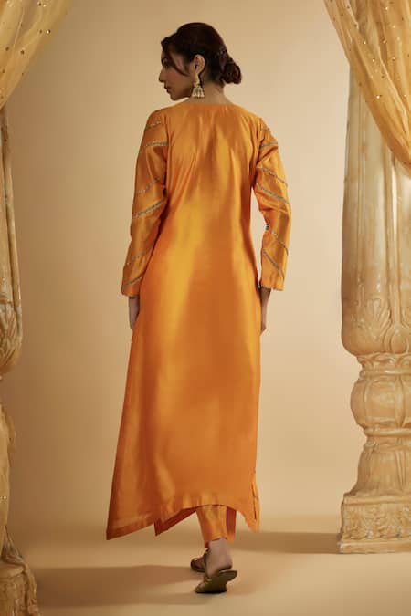 Shop The Aarya Orange Viscose, Silk, Panelled Hand Embroidered Kurta Set at Aza Fashions Shop_The Aarya_Orange Viscose, Silk, Panelled Hand Embroidered Kurta Set _at_Aza_Fashions