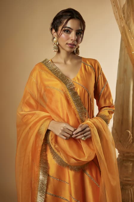 Buy The Aarya Orange Viscose, Silk, Panelled Hand Embroidered Kurta Set Online at Aza Fashions Buy_The Aarya_Orange Viscose, Silk, Panelled Hand Embroidered Kurta Set _Online_at_Aza_Fashions