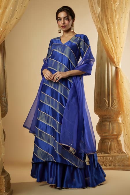 The Aarya Blue Pure Chanderi Silk Embroidered Lace V Neck Hand Panelled Kurta Sharara Set 