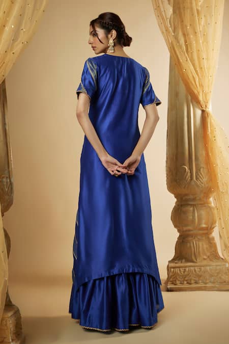 Shop The Aarya Blue Viscose, Chanderi Silk, Organza Hand Embroidered Panelled Kurta Sharara Set at Aza Fashions Shop_The Aarya_Blue Viscose, Chanderi Silk, Organza Hand Embroidered Panelled Kurta Sharara Set _at_Aza_Fashions