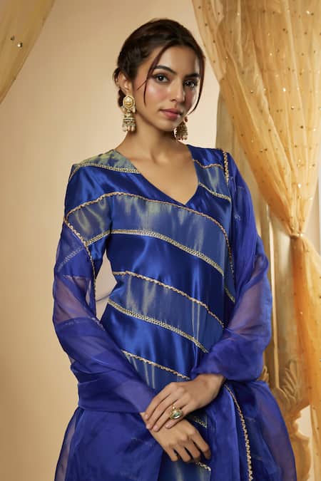 The Aarya Blue Viscose, Chanderi Silk, Organza Hand Embroidered Panelled Kurta Sharara Set Online at Aza Fashions The Aarya_Blue Viscose, Chanderi Silk, Organza Hand Embroidered Panelled Kurta Sharara Set _Online_at_Aza_Fashions