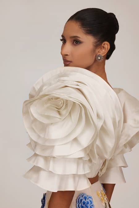 Shop_Shriya Som_Ivory Taffeta Textured 3-d Draped V-neck Crop Top _at_Aza_Fashions