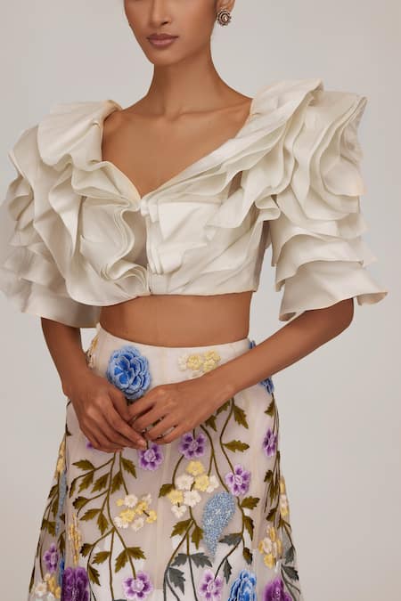 Shriya Som_Ivory Taffeta Textured 3-d Draped V-neck Crop Top _Online_at_Aza_Fashions