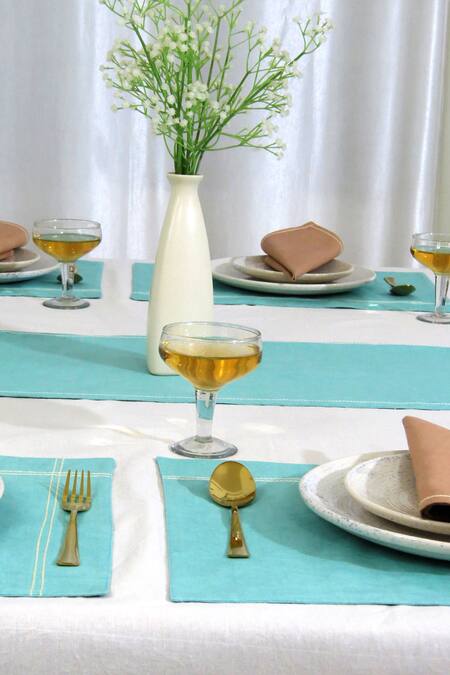 Shop Mid July Home Multi Color 100% Cotton Border Embroidered Dining Table Set at Aza Fashions Shop_Mid July Home_Multi Color 100% Cotton Border Embroidered Dining Table Set_at_Aza_Fashions