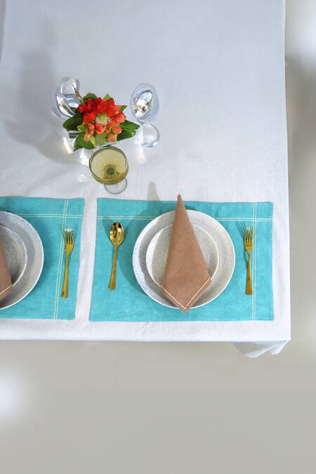 Shop Mid July Home Multi Color 100% Cotton Border Embroidered Dining Table Set Online at Aza Fashions Shop_Mid July Home_Multi Color 100% Cotton Border Embroidered Dining Table Set_Online_at_Aza_Fashions