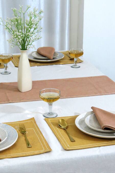 Mid July Home_Multi Color 100% Cotton Thread Border Embroidered Dining Table Set_Online_at_Aza_Fashions