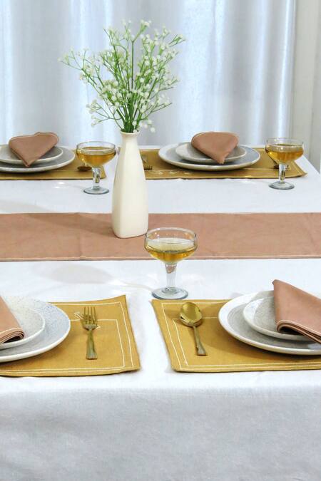 Shop_Mid July Home_Multi Color 100% Cotton Thread Border Embroidered Dining Table Set_Online_at_Aza_Fashions