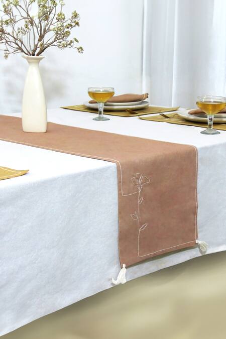 Mid July Home_Multi Color 100% Cotton Thread Border Embroidered Dining Table Set_at_Aza_Fashions