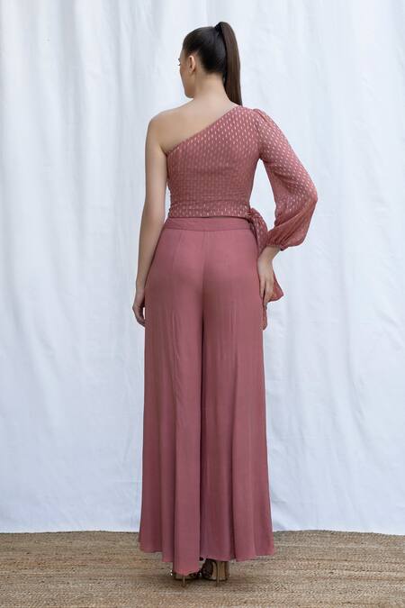 Shop Amrta By Guneet Kondal Pink Viscose, Georgette Hand Pleated One Shoulder Top With Flared Pant at Aza Fashions Shop_Amrta By Guneet Kondal_Pink Viscose, Georgette Hand Pleated One Shoulder Top With Flared Pant_at_Aza_Fashions