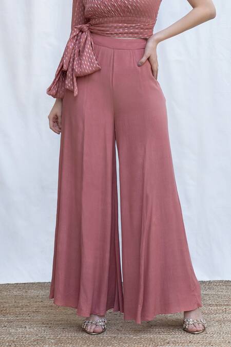 Amrta By Guneet Kondal Pink Viscose, Georgette Hand Pleated One Shoulder Top With Flared Pant Online at Aza Fashions Amrta By Guneet Kondal_Pink Viscose, Georgette Hand Pleated One Shoulder Top With Flared Pant_Online_at_Aza_Fashions