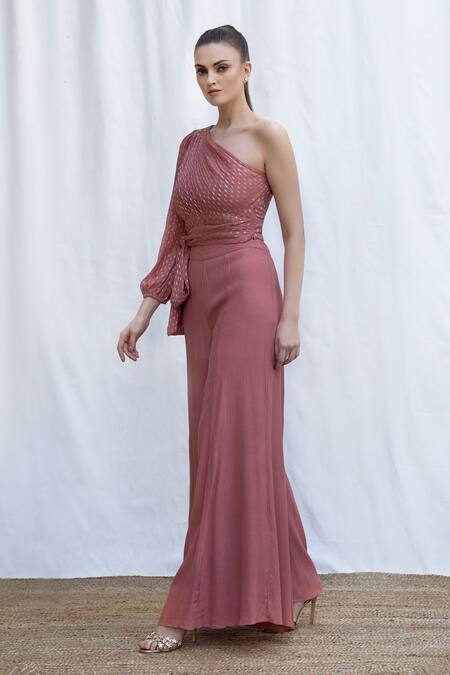 Buy Amrta By Guneet Kondal Pink Viscose, Georgette Hand Pleated One Shoulder Top With Flared Pant Online at Aza Fashions Buy_Amrta By Guneet Kondal_Pink Viscose, Georgette Hand Pleated One Shoulder Top With Flared Pant_Online_at_Aza_Fashions