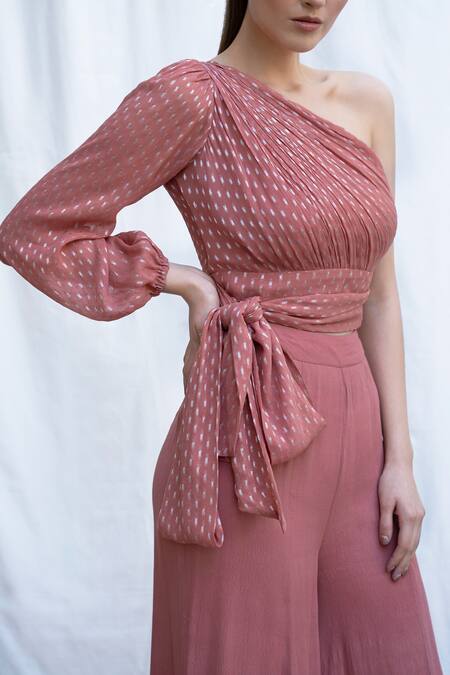 Shop Amrta By Guneet Kondal Pink Viscose, Georgette Hand Pleated One Shoulder Top With Flared Pant Online at Aza Fashions Shop_Amrta By Guneet Kondal_Pink Viscose, Georgette Hand Pleated One Shoulder Top With Flared Pant_Online_at_Aza_Fashions