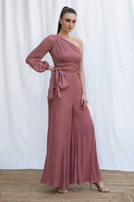 Amrta By Guneet Kondal Pink Viscose, Georgette Hand Pleated One Shoulder Top With Flared Pant at Aza Fashions Amrta By Guneet Kondal_Pink Viscose, Georgette Hand Pleated One Shoulder Top With Flared Pant_at_Aza_Fashions