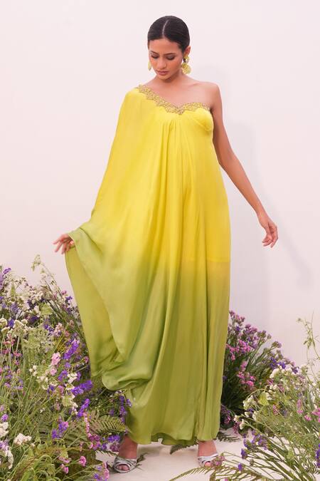 Amrta By Guneet Kondal_Green Satin, Viscose Sequins Asymmetric Ombre One Shoulder Kaftan _Online_at_Aza_Fashions