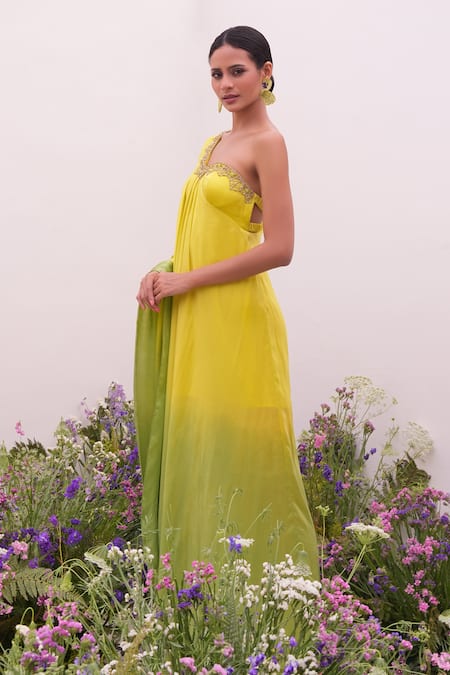 Buy_Amrta By Guneet Kondal_Green Satin, Viscose Sequins Asymmetric Ombre One Shoulder Kaftan _Online_at_Aza_Fashions