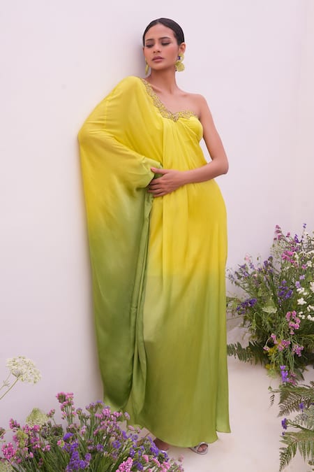 Shop_Amrta By Guneet Kondal_Green Satin, Viscose Sequins Asymmetric Ombre One Shoulder Kaftan _Online_at_Aza_Fashions