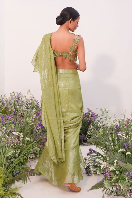 Shop Amrta By Guneet Kondal Green Chiffon Embroidery Pre-stitched Shimmer Finish Saree With Blouse at Aza Fashions Shop_Amrta By Guneet Kondal_Green Chiffon Embroidery Pre-stitched Shimmer Finish Saree With Blouse _at_Aza_Fashions