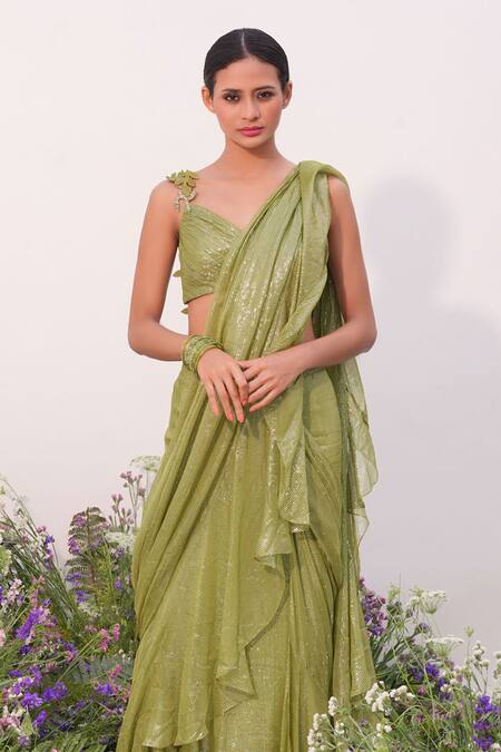 Amrta By Guneet Kondal Green Chiffon Embroidery Pre-stitched Shimmer Finish Saree With Blouse Online at Aza Fashions Amrta By Guneet Kondal_Green Chiffon Embroidery Pre-stitched Shimmer Finish Saree With Blouse _Online_at_Aza_Fashions