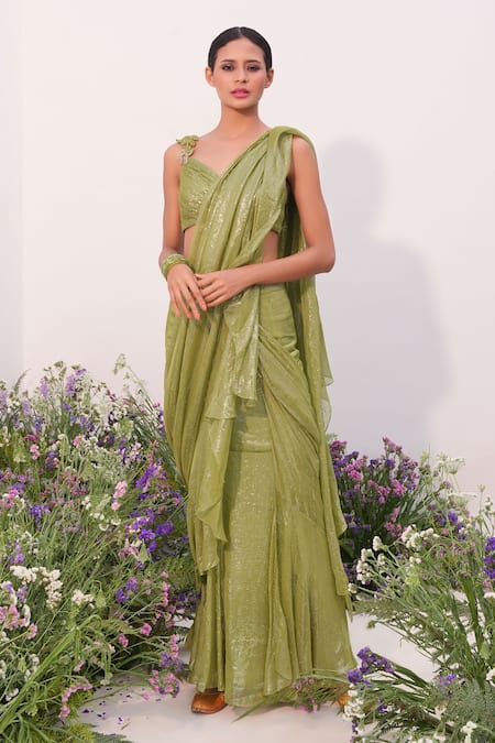 Buy Amrta By Guneet Kondal Green Chiffon Embroidery Pre-stitched Shimmer Finish Saree With Blouse Online at Aza Fashions Buy_Amrta By Guneet Kondal_Green Chiffon Embroidery Pre-stitched Shimmer Finish Saree With Blouse _Online_at_Aza_Fashions