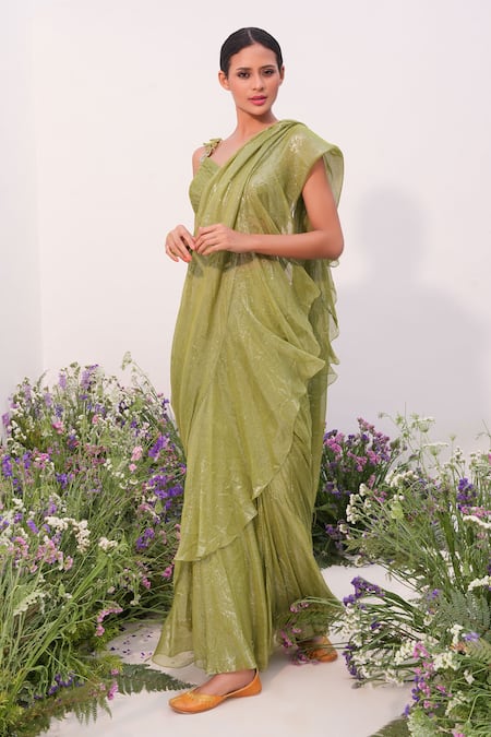 Shop Amrta By Guneet Kondal Green Chiffon Embroidery Pre-stitched Shimmer Finish Saree With Blouse Online at Aza Fashions Shop_Amrta By Guneet Kondal_Green Chiffon Embroidery Pre-stitched Shimmer Finish Saree With Blouse _Online_at_Aza_Fashions