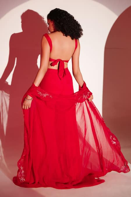 Shop Amrta By Guneet Kondal Red Viscose, Chiffon Embroidery Sweetheart Neck Cape Sharara Set at Aza Fashions Shop_Amrta By Guneet Kondal_Red Viscose, Chiffon Embroidery Sweetheart Neck Cape Sharara Set _at_Aza_Fashions