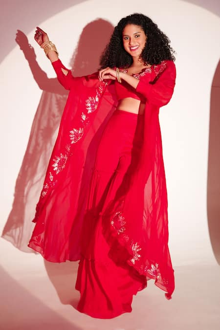 Shop Amrta By Guneet Kondal Red Viscose, Chiffon Embroidery Sweetheart Neck Cape Sharara Set Online at Aza Fashions Shop_Amrta By Guneet Kondal_Red Viscose, Chiffon Embroidery Sweetheart Neck Cape Sharara Set _Online_at_Aza_Fashions