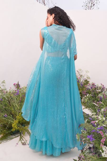 Shop_Amrta By Guneet Kondal_Blue Silk, Chiffon Mirrors V-neck Shimmer Cape Sharara Set _at_Aza_Fashions