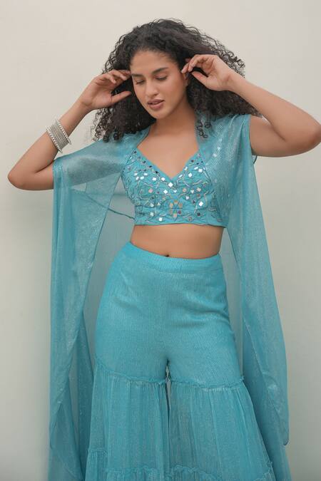 Buy_Amrta By Guneet Kondal_Blue Silk, Chiffon Mirrors V-neck Shimmer Cape Sharara Set _Online_at_Aza_Fashions