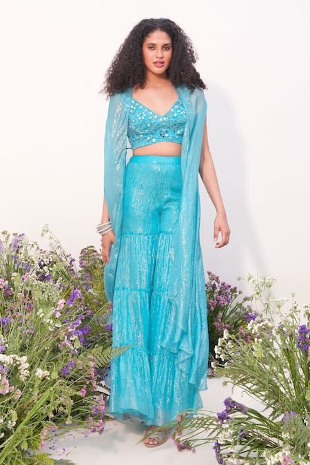 Shop_Amrta By Guneet Kondal_Blue Silk, Chiffon Mirrors V-neck Shimmer Cape Sharara Set _Online_at_Aza_Fashions