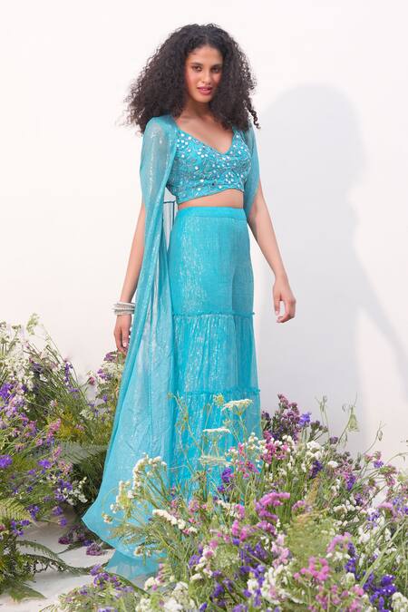Amrta By Guneet Kondal_Blue Silk, Chiffon Mirrors V-neck Shimmer Cape Sharara Set _at_Aza_Fashions