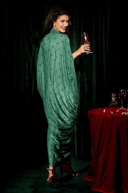 Shop_Nimbu Mirchi_Green Lycra Crystals V-neck Embellished Kaftan_at_Aza_Fashions