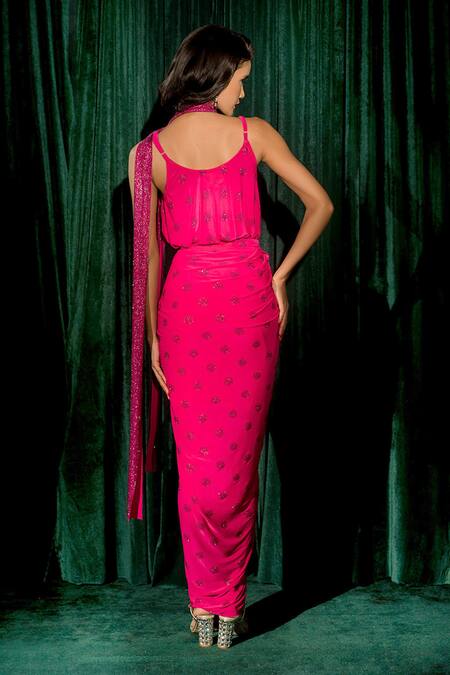 Shop Nimbu Mirchi Pink Lycra Embroidery, Crystals Round Neck Embellished Draped Skirt Set at Aza Fashions Shop_Nimbu Mirchi_Pink Lycra Embroidery, Crystals Round Neck Embellished Draped Skirt Set_at_Aza_Fashions